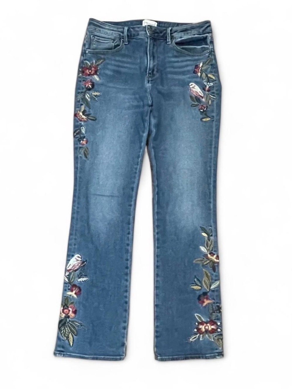 Driftwood Kelly Floral Birds Embroidered Denim Jeans Boot Cut Size 29 31 Inseam